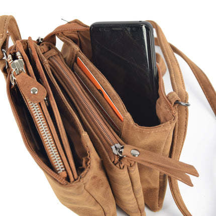 Bicky Bernard schoudertas Harmonica 3 Vaks tasje cognac met 3 hoofdvakken