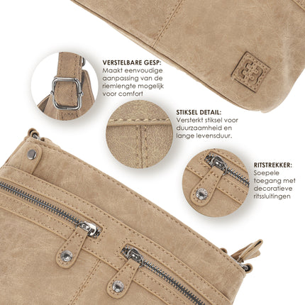 Dames Schoudertas - Stijlvolle Taupe Crossbody Tas - Bicky Bernard - 21cmx17cmx7cm - Modieuze Damestas
