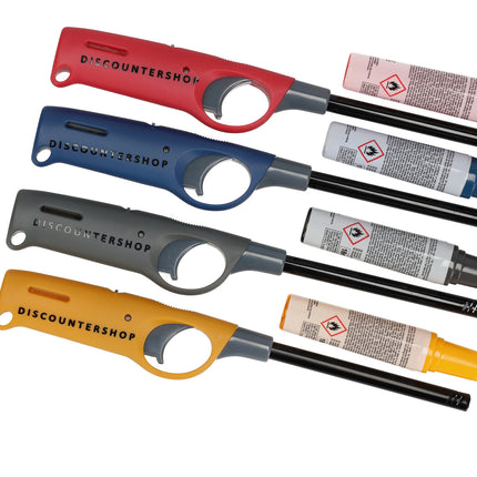 Elektrische gasaanstekers | Set van 4 met navulling | navulbaar - blauw, geel, rood, grijs | beste aansteker voor bbq & kaarsen | 25.5cm lengte  