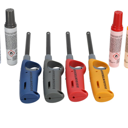 Elektrische gasaanstekers | Set van 4 met navulling | navulbaar - blauw, geel, rood, grijs | beste aansteker voor bbq & kaarsen | 25.5cm lengte  