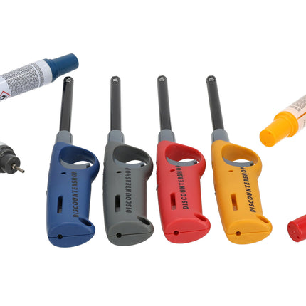 Elektrische gasaanstekers | Set van 4 met navulling | navulbaar - blauw, geel, rood, grijs | beste aansteker voor bbq & kaarsen | 25.5cm lengte  