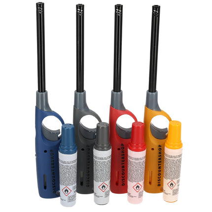 Elektrische gasaanstekers | Set van 4 met navulling | navulbaar - blauw, geel, rood, grijs | beste aansteker voor bbq & kaarsen | 25.5cm lengte  
