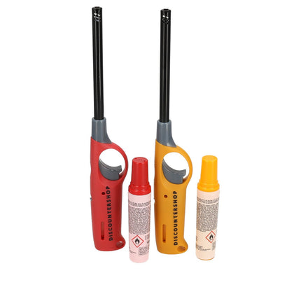 Gas aansteker navulbaar - set van 2 | beste aansteker voor bbq, keuken, en wonen | rood & geel | 25.5cm lengte  