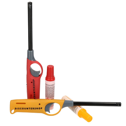 Gas aansteker navulbaar - set van 2 | beste aansteker voor bbq, keuken, en wonen | rood & geel | 25.5cm lengte  
