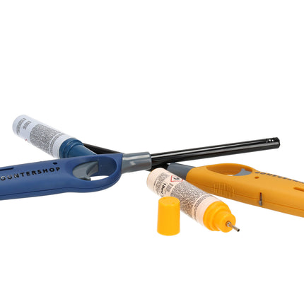 Elektrische aansteker incl. navulling | set van 2 in geel & blauw | 25.5cm | navulbare gasaansteker voor keuken, kamperen & meer 