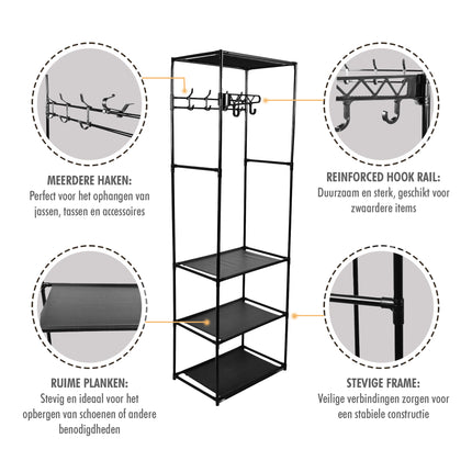 Opbergrek met Kapstok 170x54x36cm | Stellingkast en Wandkast met Haken - Ideaal voor Hal, Gang en Slaapkamer