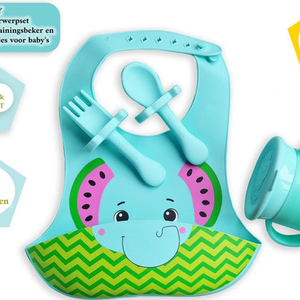 Siliconen Slabbetje met Opvangbakje  - Baby Lepeltjes en Vorkjes- BPA-vrij Tuitbeker