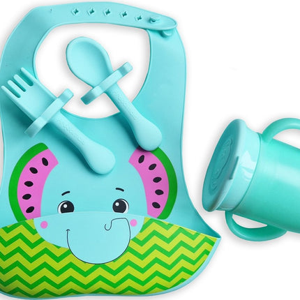 Siliconen Slabbetje met Opvangbakje  - Baby Lepeltjes en Vorkjes- BPA-vrij Tuitbeker
