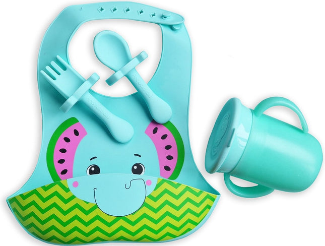 Siliconen Slabbetje met Opvangbakje  - Baby Lepeltjes en Vorkjes- BPA-vrij Tuitbeker