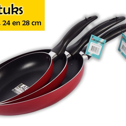 3x Koekenpan Set met Antiaanbaklaag - Rood  - Zonder Deksel