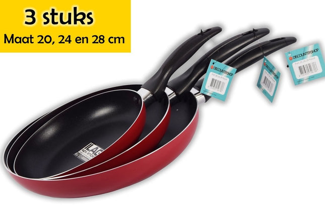 3x Koekenpan Set met Antiaanbaklaag - Rood  - Zonder Deksel