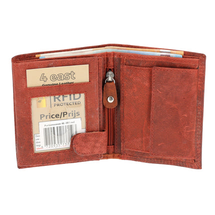 Rode Lederen Billfold Portemonnee van 4 East - 9x2x11 cm - 14 Creditcardvakjes - Muntenvak - Compact Formaat - voor Heren & Dames