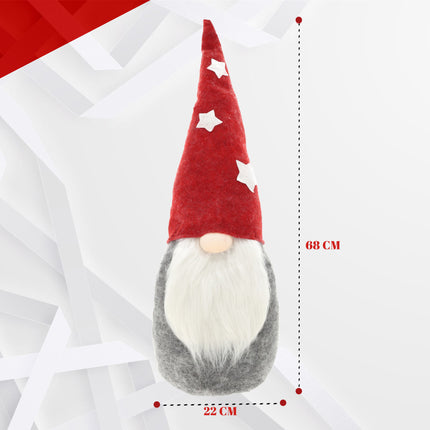 Schattige Kerstman Gnoom Pluche Pop - Rood, Grijs, Wit - 71cm Hoog - Kerst Kabouter Decoratie