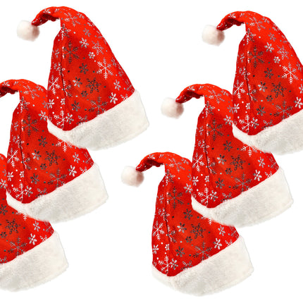 Kerstmutsen Set voor Volwassenen - met Sneeuwvlokken - 62cm Hoofdmaat - Rood Wit Pluche - Goedkope Kerstmuts voor Mannen en Vrouwen - Perfect voor Kerst Feestdagen - 6 Stuks