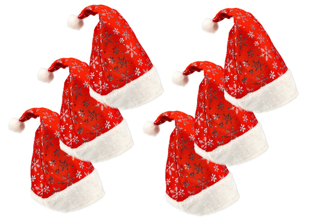 Kerstmutsen Set voor Volwassenen - met Sneeuwvlokken - 62cm Hoofdmaat - Rood Wit Pluche - Goedkope Kerstmuts voor Mannen en Vrouwen - Perfect voor Kerst Feestdagen - 6 Stuks