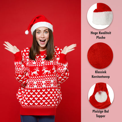 Set van 5 Luxe Kerstmutsen Unisex - Pluche Rood/Wit - 100% Polyester - Voor Kinderen & Volwassenen - Perfect voor Feestelijke Gelegenheden