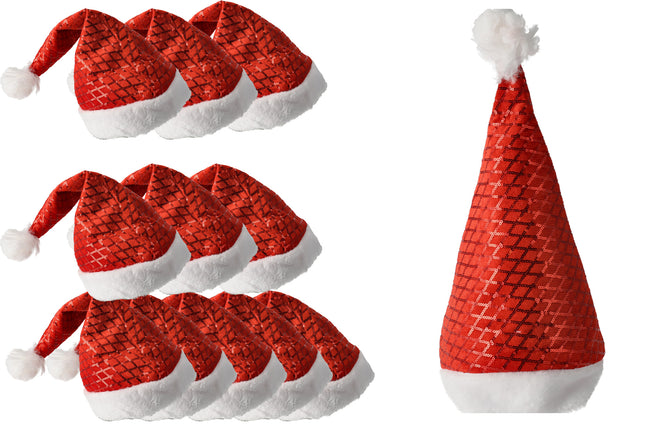 Kerstmutsen Volwassenen & Kinderen - Voordelpak Pailletten Muts Set van 12 - Maat 54-56 - Partymuts voor Kerst, Carnavals en Feest!