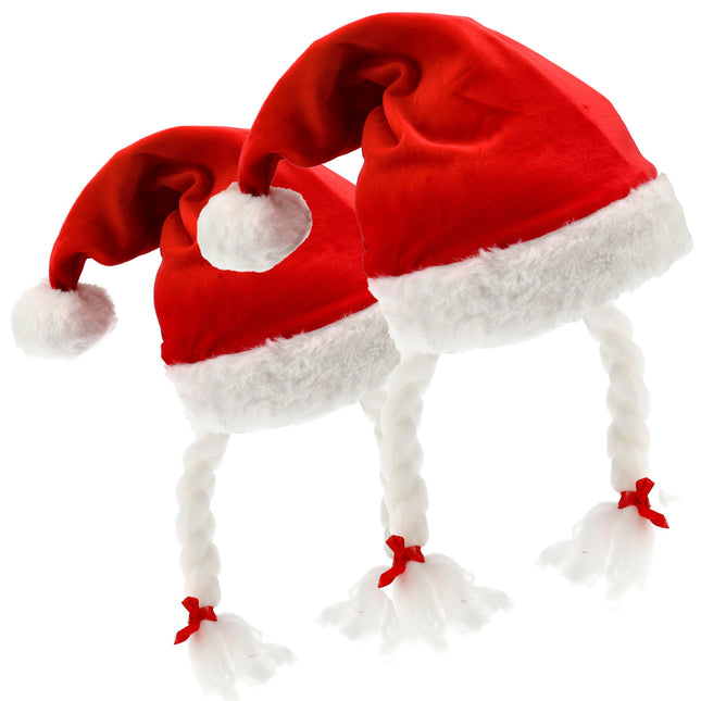 Kerstmuts Grappig Volwassenen Set van 2 - Voor Dames & Heren - met Staart & Vlechten - Omtrek 61 cm - Rode Goedkope en Te Gekke Kerstmutsen