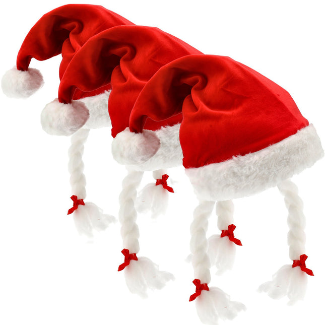 Kerstmutsen Grappig - Rode Kerstmutsen Volwassenen voor Man & Vrouw - 61 cm - Velvet Kerstmuts met Staart & Vlechten - 3 Stuks