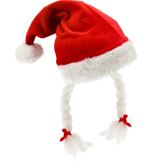 Kerstmut Volwassenen - Kerstmuts Grappig met Pompom & Vlechten - Omtrek 61 cm - Velvet Kerstcadeau voor Kerstmis