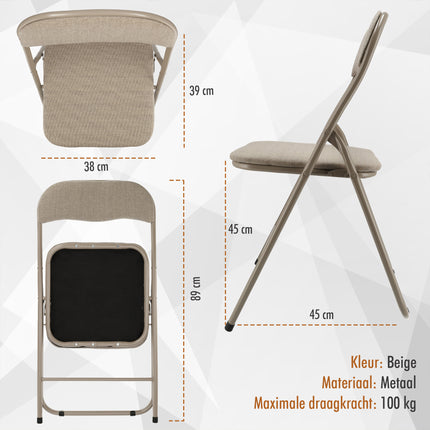 Klapstoelen Set van 4 | Beige Vouwstoelen | Inklapbare Eettafelstoelen | Comfortabele Vouwstoelenset voor Binnen en Buiten