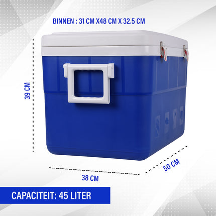 Blauwe Draagbare Camping Koelbox - 45L - Kunststof - Inclusief Deksel - Met Handgrepen - Anti-slip - 50x38x39cm