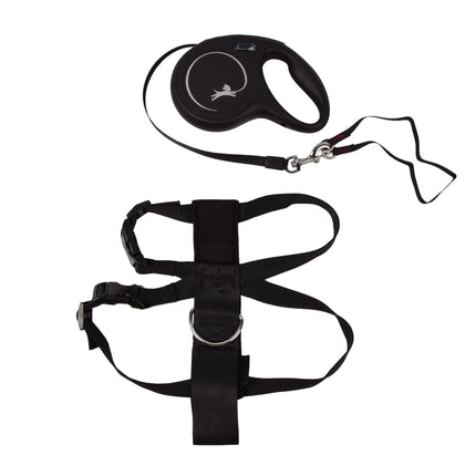 Flexi Leash en Harnas voor Hond | Maat M tot 25kg | Hondenriem 5 Meter met Comfortabel Remsysteem en Stabiele Tape | Nylon Hondenharnas met Klikgesp | Zwarte Lexi Hondenriem met Karabijnhaak 