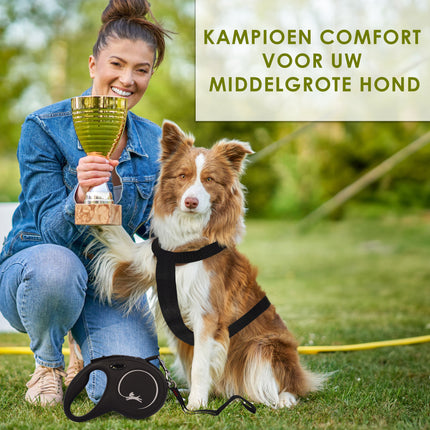 Flexi Leash en Harnas voor Hond | Maat M tot 25kg | Hondenriem 5 Meter met Comfortabel Remsysteem en Stabiele Tape | Nylon Hondenharnas met Klikgesp | Zwarte Lexi Hondenriem met Karabijnhaak 