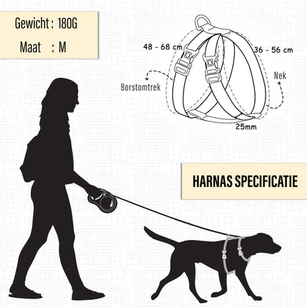 Flexi Leash en Harnas voor Hond | Maat M tot 25kg | Hondenriem 5 Meter met Comfortabel Remsysteem en Stabiele Tape | Nylon Hondenharnas met Klikgesp | Zwarte Lexi Hondenriem met Karabijnhaak 
