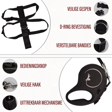 Flexi Leash en Harnas voor Hond | Maat M tot 25kg | Hondenriem 5 Meter met Comfortabel Remsysteem en Stabiele Tape | Nylon Hondenharnas met Klikgesp | Zwarte Lexi Hondenriem met Karabijnhaak 