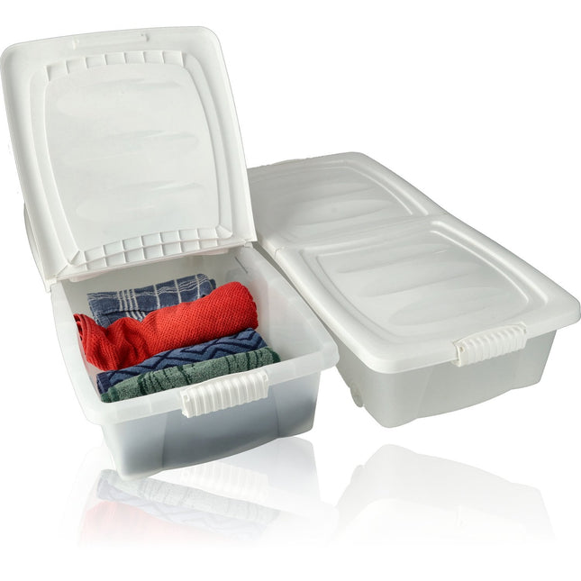 Opbergbox Wit 32L met Deksel en Wieltjes -Set van 2– 79x39x17 cm – Voor Slaapkamer, Keuken en Opslag