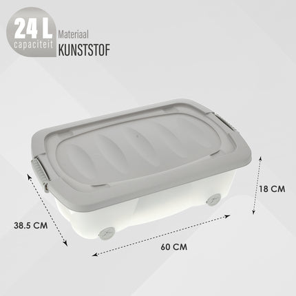 Opbergbox 24 Liter Grijs - Onderbedbox op Wielen - Ideaal voor Speelgoed, Kleding en Opbergruimte Onder Bed - 60x38,5x18 cm