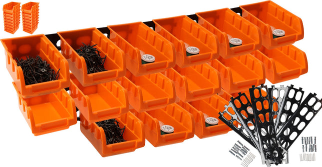 16-delig Wandrek Opbergsysteem – Schuiflades en Stapelboxen voor Gereedschap, Schroeven en Spijkers – Ideaal voor Werkplaats, Schuur, Kantoor & Keukenkast – Inclusief Schroeven en Pluggen