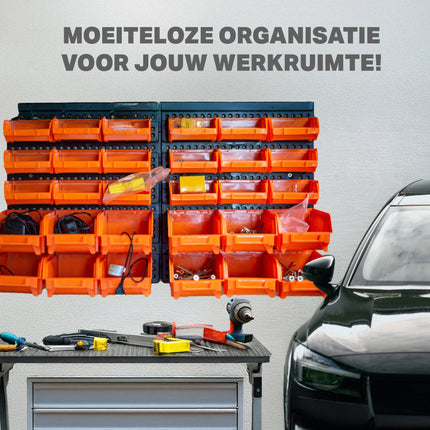 16-delig Wandrek Opbergsysteem – Schuiflades en Stapelboxen voor Gereedschap, Schroeven en Spijkers – Ideaal voor Werkplaats, Schuur, Kantoor & Keukenkast – Inclusief Schroeven en Pluggen