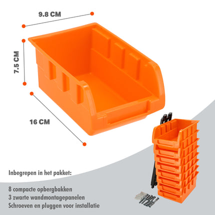 16-delig Wandrek Opbergsysteem – Schuiflades en Stapelboxen voor Gereedschap, Schroeven en Spijkers – Ideaal voor Werkplaats, Schuur, Kantoor & Keukenkast – Inclusief Schroeven en Pluggen