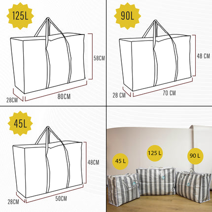 Complete Dekbed Opbergtas Set 45L, 90L, 125L | 3 Stuks | Ideaal voor Verhuizen, Opslag en Boodschappen | Duurzaam Polyester | Kussen Opbergtas Met Stevige Rits En Handvatten