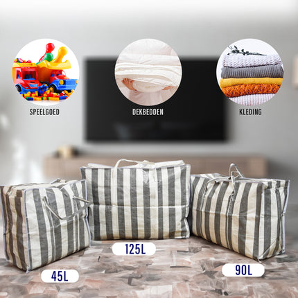 Complete Dekbed Opbergtas Set 45L, 90L, 125L | 3 Stuks | Ideaal voor Verhuizen, Opslag en Boodschappen | Duurzaam Polyester | Kussen Opbergtas Met Stevige Rits En Handvatten