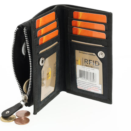  Dames portemonnee met rits | zwart leren portemonnee in echt leer | 14cm x 9cm - 12 kaartsloten - 7 vakken | rfid | ideaal cadeautjes  