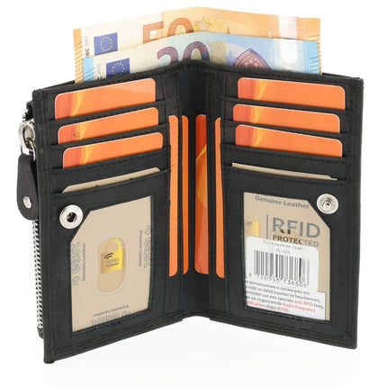  Dames portemonnee met rits | zwart leren portemonnee in echt leer | 14cm x 9cm - 12 kaartsloten - 7 vakken | rfid | ideaal cadeautjes  