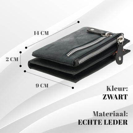  Dames portemonnee met rits | zwart leren portemonnee in echt leer | 14cm x 9cm - 12 kaartsloten - 7 vakken | rfid | ideaal cadeautjes  