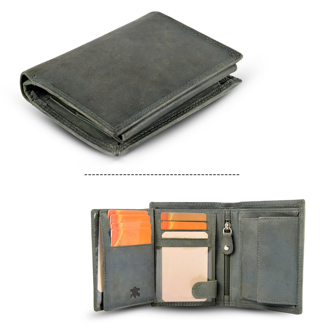 Olijf Leren Portemonnee Heren | 12.5cm x 9.5cm x 2cm | 8 Kaartsleuven | 2 Ruime Biljetvakken | 4 Doorzichtige Vakken voor ID | 1 Verborgen Ritsvak |  RFID Bescherming | Echt Leer | Perfect Cadeau met Unieke Combinatie van Functionaliteit 