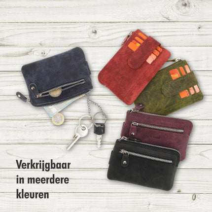 Mini portemonnee sleutelhanger | unisex rfid sleuteletui |mini portemonnee met rits muntvak | 4 pasjeshouder & 2 sleutelring | 12.5x8x1cm - zwart 