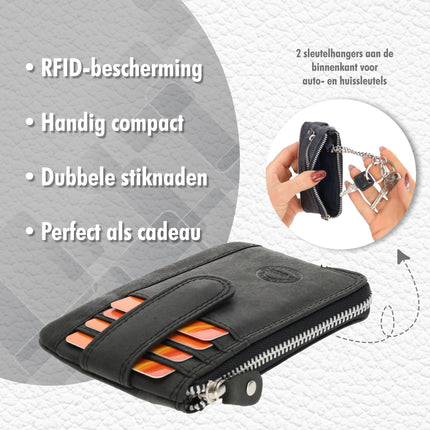 Mini portemonnee sleutelhanger | unisex rfid sleuteletui |mini portemonnee met rits muntvak | 4 pasjeshouder & 2 sleutelring | 12.5x8x1cm - zwart 