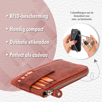 Mini portemonnee sleutelhanger | unisex rfid sleuteletui | mini portemonnee met rits | 4 pasjeshouder, 2 sleutelring &muntvak | 12.5x8x1cm - rood 