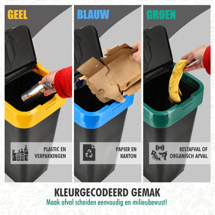 Set van 3 Sorteer Prullenbakken 60L - Schommeldeksel - Afvalscheidingsbak - Zwart - 3-Delig XL Afvalemmer