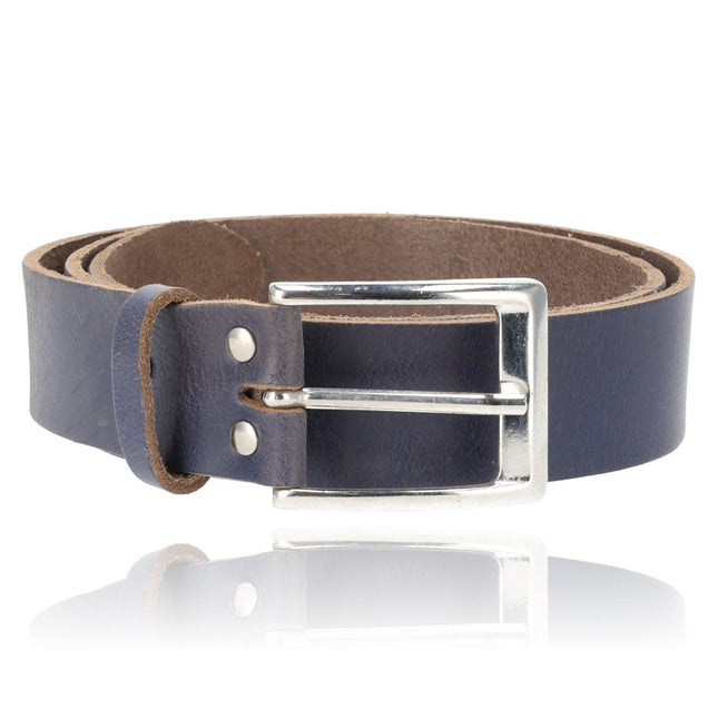 Leren Broekriem Jeans | Unisex Riem Heren & Dames | Echt Leer - Blauwe Jeans Riem | Riemmaat 85cm – Totale lengte 102.5cm | 3.5cm Breedte 