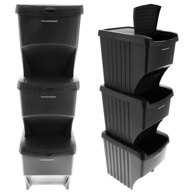 Afvalscheidingsbakken  3 Stuks- 22L  (66L Totaal) - Stapelbare Recycling Prullenbakken -Afval Prullenbakken zwart