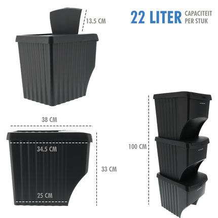 Afvalscheidingsbakken  3 Stuks- 22L  (66L Totaal) - Stapelbare Recycling Prullenbakken -Afval Prullenbakken zwart
