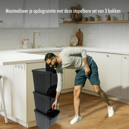 Afvalscheidingsbakken  3 Stuks- 22L  (66L Totaal) - Stapelbare Recycling Prullenbakken -Afval Prullenbakken zwart