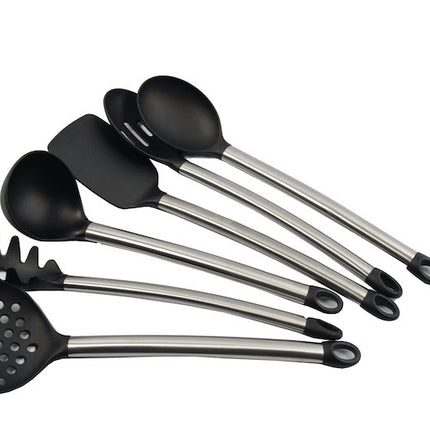 Essentiële Keukengerei Set | 7-delig | Zwart | Schuimspaan, Lepels, Spatel - Kunststof | Rvs, 650g